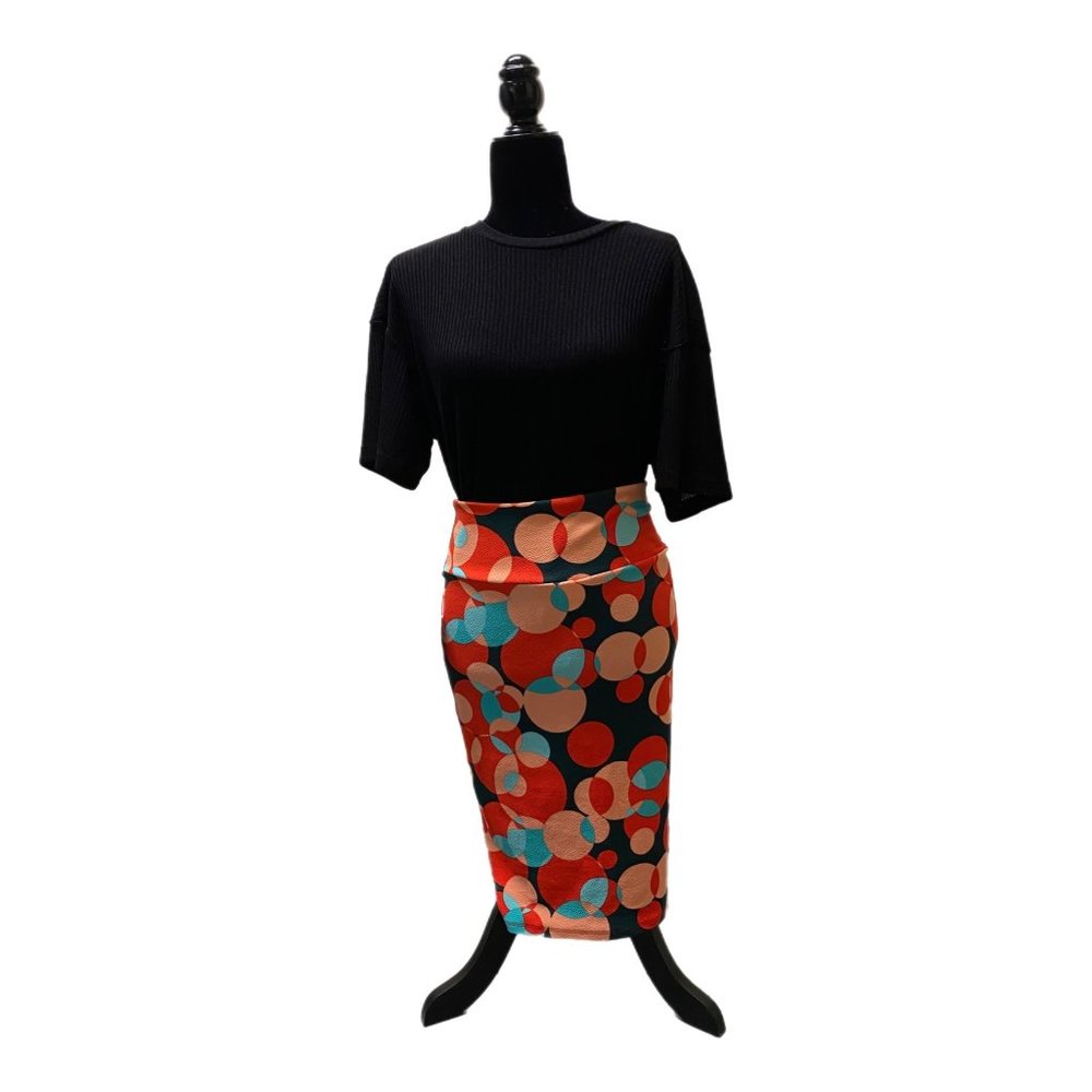 C22 Lula Roe Cassie Pencil Skirt with Orange and Blue Circles, XS, NWT